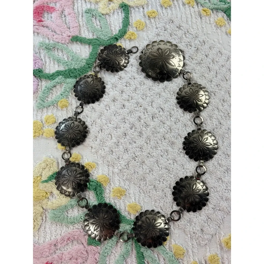 Vintage Silver Tone Concho Belt Western Boho Stamped Metal Link Chain 31 Inch